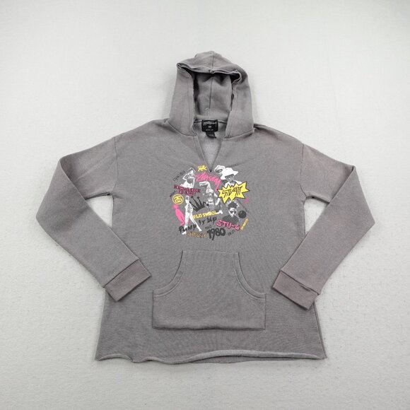 Stussy Hoodie Womens Medium Gray Sweatshirt Pullover Split Neck Raw Hem Fleece - Picture 1 of 12